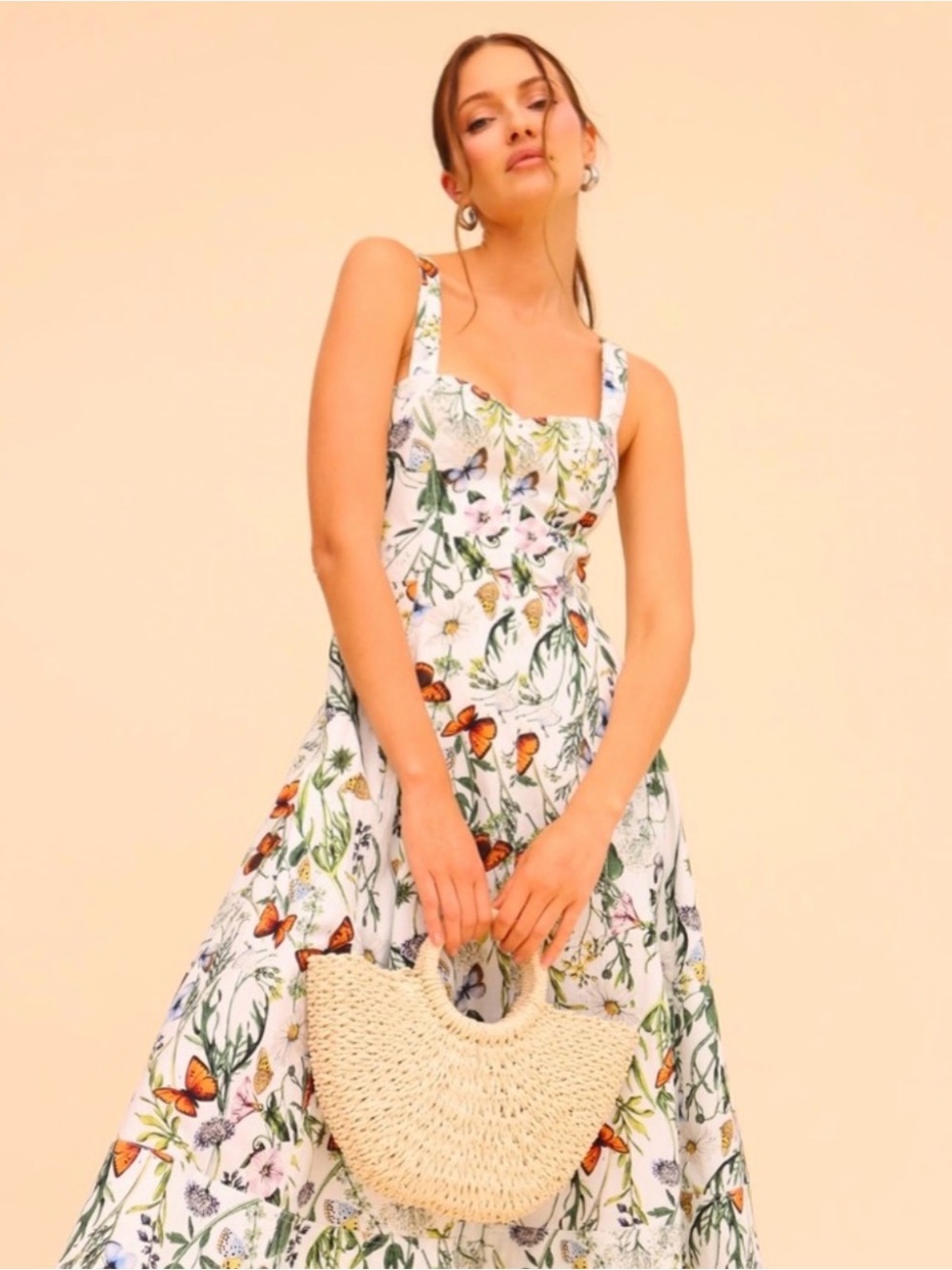 Avec Les Filles Botanical Fit & Flare Midi Dress in Butterfly Floral, Size 12